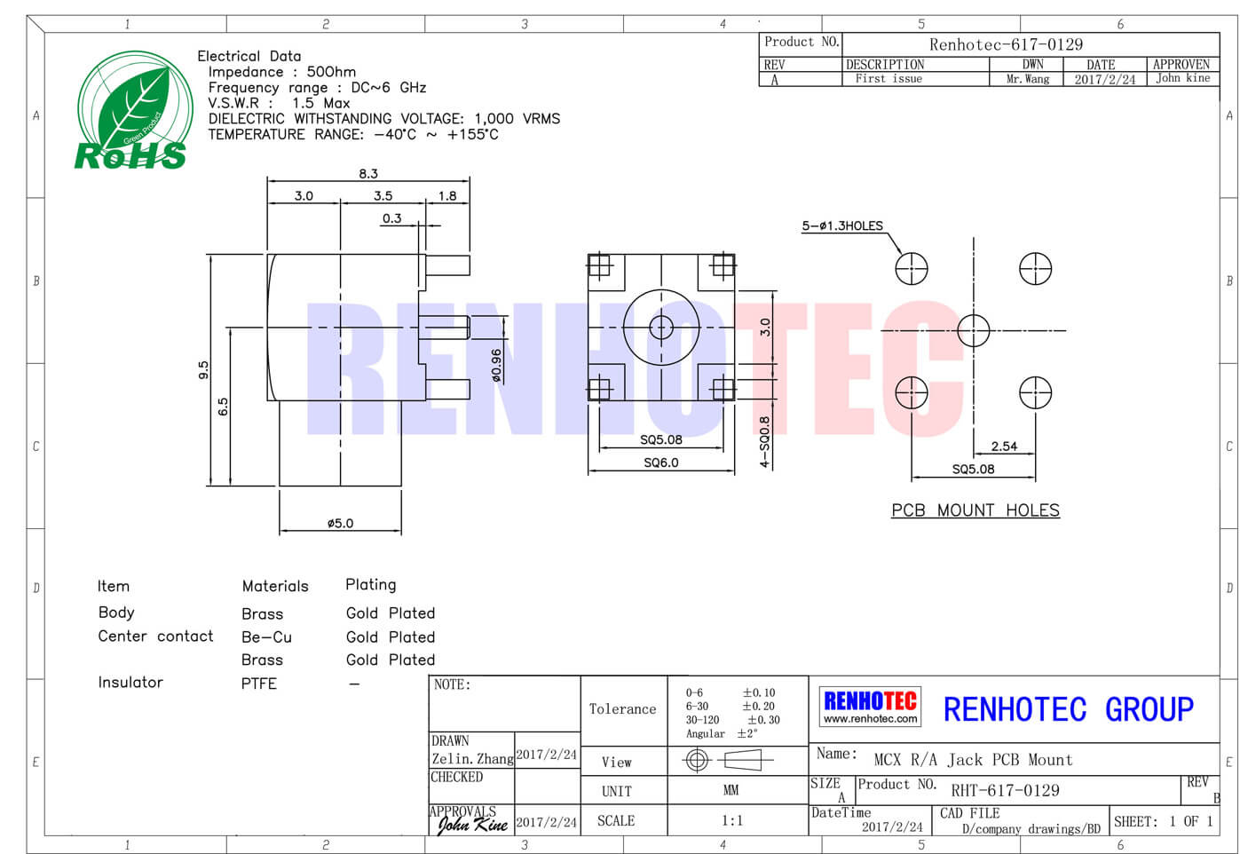 有线电视rf头弯式母头mcx射频连接器PCB板端