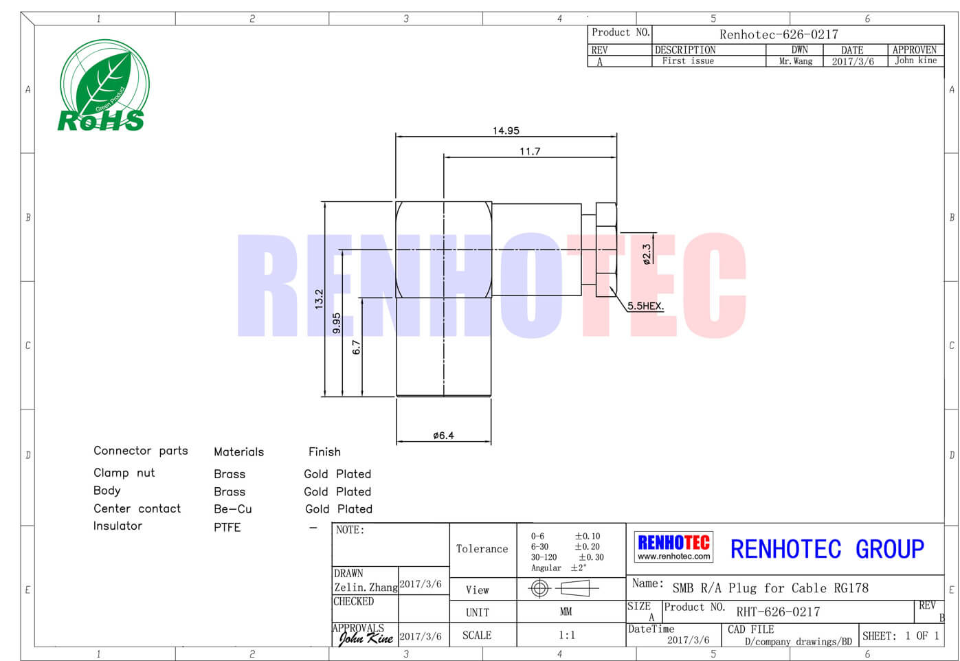 公头接线RG178smb弯式螺母锁紧连接器