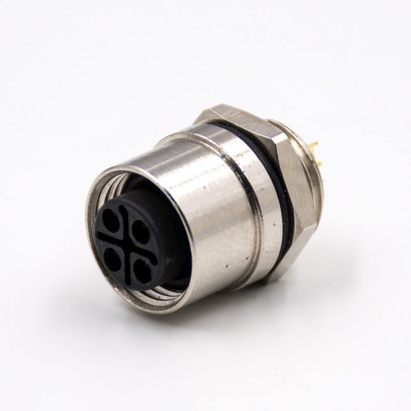 M12连接器4芯S扣母头直式后锁板板端插座接线焊接式防水带屏蔽连接器